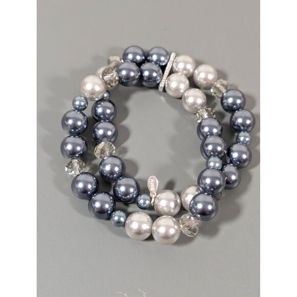 Roman Gray Faux Pearl Two Strand Stretch Bracelet 7" Elegant Evening - Picture 2 of 7